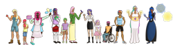 Size: 4226x1216 | Tagged: safe, artist:picklepiecow, imported from derpibooru, apple bloom, applejack, fluttershy, pinkie pie, princess celestia, princess luna, rainbow dash, rarity, scootaloo, spike, sweetie belle, twilight sparkle, human, cutie mark crusaders, dark skin, hijab, humanized, islam, mane seven, mane six, wheelchair