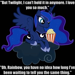 Size: 900x900 | Tagged: safe, imported from derpibooru, princess luna, rainbow dash, twilight sparkle, female, image macro, lesbian, meme, popcorn, shipping, solo, twidash