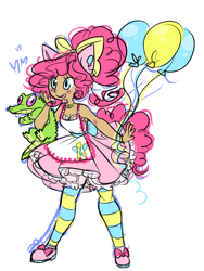 Size: 500x666 | Tagged: safe, artist:plumsweet, imported from derpibooru, gummy, pinkie pie, human, balloon, eared humanization, humanized, tailed humanization