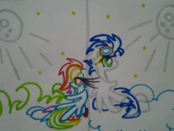 Size: 1024x768 | Tagged: safe, artist:swirlyquill, imported from derpibooru, rainbow dash, soarin', female, male, shipping, soarindash, straight, traditional art