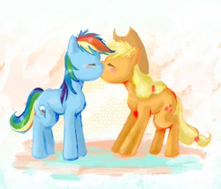 Size: 968x825 | Tagged: safe, artist:lotothetrickster, imported from derpibooru, applejack, rainbow dash, appledash, female, kissing, lesbian, shipping, traditional art, watercolor painting