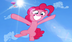 Size: 1980x1152 | Tagged: safe, artist:flare-chaser, imported from derpibooru, pinkie pie, cloud, falling, female, grin, happy, hot air balloon, jumping, lens flare, looking at you, plummet, sky, skydive, skydiving, smiling, solo, squee, sun, this will end in pain