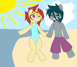 Size: 4784x4176 | Tagged: safe, artist:lights-bane, imported from derpibooru, oc, oc only, pony, semi-anthro, unicorn, absurd resolution, beach, bipedal, eyes closed, wink