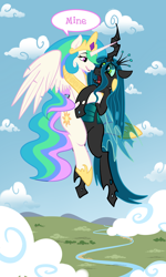 Size: 3000x5000 | Tagged: safe, artist:pippy, imported from derpibooru, princess celestia, queen chrysalis, alicorn, changeling, changeling queen, absurd resolution, bedroom eyes, chryslestia, crack shipping, eye contact, female, flying, hug, one word, open mouth, scared, shipping, smiling, spread wings, wide eyes