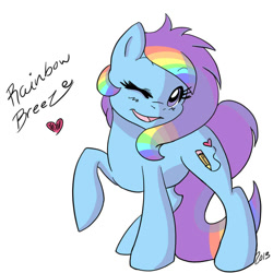 Size: 894x894 | Tagged: safe, artist:cheshires-palace, imported from derpibooru, oc, oc only, oc:rainbow breeze, pegasus, pony, heart, open mouth, solo, wink