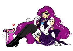 Size: 1024x724 | Tagged: safe, artist:pixel-chick, imported from derpibooru, rarity, human, blushing, clothes, crossover, earring, female, garter belt, heart, high heels, humanized, long socks, miniskirt, sailor moon, sailor scout, sailor uniform, skirt, socks, solo, stockings, thigh highs