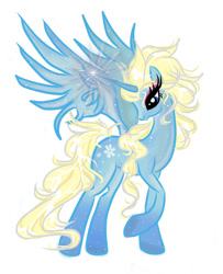 Size: 805x993 | Tagged: safe, artist:pixel-chick, imported from derpibooru, alicorn, pony, crossover, elsa, frozen (movie), looking back, magic, messy mane, ponified, raised hoof, smiling, solo, spread wings