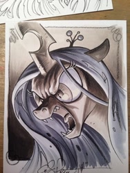 Size: 768x1024 | Tagged: safe, artist:andypriceart, imported from derpibooru, queen chrysalis, changeling, changeling queen, female, monochrome, solo, traditional art