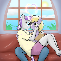 Size: 3000x3000 | Tagged: safe, artist:empyu, imported from derpibooru, dinky hooves, twilight velvet, anthro, adultery, couch, crack shipping, cuddling, dinkyvelvet, explicit source, female, infidelity, lesbian, magic, older, pregnant, shipping, snuggling