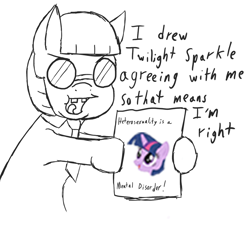 Size: 914x824 | Tagged: safe, artist:0particle, imported from derpibooru, twilight sparkle, pony, unicorn, adventure in the comments, derail in the comments, dialogue, featured image, generic pony, glasses, hoof hold, lineart, meta, mouthpiece, necktie, op started shit, open mouth, smiling, social justice warrior, tongue out