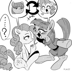 Size: 1000x977 | Tagged: safe, artist:nekubi, imported from derpibooru, maud pie, pinkie pie, earth pony, pony, body swap, clothes, eyes closed, female, grayscale, looking at each other, mare, monochrome, open mouth, role reversal, sisters