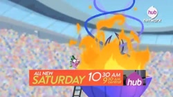 Size: 1105x621 | Tagged: safe, imported from derpibooru, screencap, spike, equestria games (episode), equestria games, hub logo, official, promo, the hub, torch