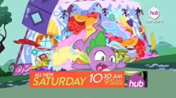 Size: 1110x619 | Tagged: safe, imported from derpibooru, screencap, spike, inspiration manifestation, carousel boutique, clothes, explosion, hub logo, official, promo, the hub