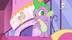 Size: 1106x622 | Tagged: safe, imported from derpibooru, screencap, spike, inspiration manifestation, carousel boutique, hub logo, magic, male, official, promo, solo, the hub
