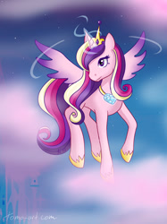 Size: 597x800 | Tagged: safe, artist:facja, imported from derpibooru, princess cadance, alicorn, pony, cloud, crown, crystal heart, female, flying, glowing, glowing horn, horn, jewelry, magic, mare, regalia, signature, sky, solo, stars