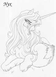 Size: 913x1250 | Tagged: safe, artist:leovictor, imported from derpibooru, oc, oc only, oc:nyx, alicorn, alicorn oc, crying, frown, horn, looking away, monochrome, older, older nyx, prone, sad, solo, wings