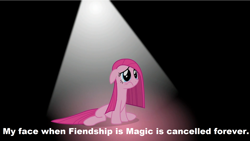 Size: 1920x1080 | Tagged: safe, imported from derpibooru, pinkie pie, cancelled, end of ponies, female, future, meme, misspelling, my little pony, op is a duck, pinkamena diane pie, sad, solo