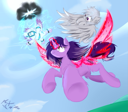 Size: 1017x890 | Tagged: safe, artist:frist44, imported from derpibooru, oc, oc only, oc:aegis steadfast, oc:lightning rod, oc:stormy sky, artificial wings, augmented, flight spell, fluffy, goggles, magic, magic wings, magical lesbian spawn, offspring, parent:oc:aegis steadfast, parent:oc:stormy sky, parents:oc x oc, underhoof, wings