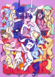 Size: 647x901 | Tagged: safe, artist:johnjoseco, artist:thepolymath, edit, imported from derpibooru, applejack, derpy hooves, fluttershy, pinkie pie, princess celestia, princess luna, rainbow dash, rarity, sunshower raindrops, trixie, twilight sparkle, oc, oc:belle eve, oc:calpain, oc:gem, alicorn, pony, ask princess molestia, princess molestia, :<, :o, appledash, baguette, banana, bed, belle eve, blushing, boop, bread, butt, butt bump, butt to butt, butt touch, butthug, c:, calpain, chest fluff, chubbie, colored, cross-eyed, divine, everypony, eyes closed, faceful of ass, female, flutterpie, food, frown, group hug, happy, hug, lesbian, looking at you, mane six, mare, memj0123, nuzzling, omniship, on back, on side, open mouth, party, pillow, plot, polyamory, ponified, pony pile, raygun, rubber duck, scrunchy face, shipping, side, smiling, snuggling, twilestia, twilight sparkle (alicorn), unamused, wide eyes