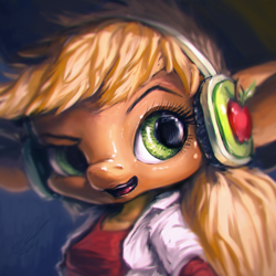 Size: 768x768 | Tagged: safe, artist:assasinmonkey, imported from derpibooru, applejack, anthro, female, headphones, solo