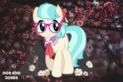 Size: 1042x694 | Tagged: safe, artist:doneddzorua, imported from derpibooru, coco pommel, ambient, female, flower, glasses, hipster, nature, rose, solo, triangle