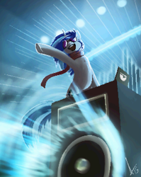 Size: 1035x1300 | Tagged: safe, artist:rublegun, imported from derpibooru, dj pon-3, vinyl scratch, bass cannon, female, solo, speaker, speakers