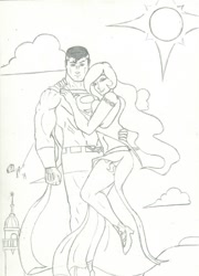 Size: 759x1052 | Tagged: safe, artist:flanaganisking, imported from derpibooru, princess celestia, human, crossover, crossover shipping, female, flying, humanized, male, midriff, monochrome, straight, supelestia, superman, the crack otp to end all crack otps, traditional art