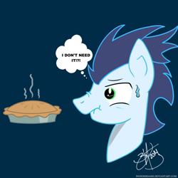 Size: 1024x1024 | Tagged: safe, artist:wonderdash, imported from derpibooru, soarin', denial, i don't need it, male, nervous, pie, solo, spongebob squarepants, sweat, that pony sure does love pies