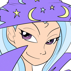 Size: 500x500 | Tagged: safe, artist:reiduran, artist:venezolanbrony, edit, imported from derpibooru, trixie, human, cape, clothes, female, hat, humanized, reaction image, smiling, solo, trixie's cape, trixie's hat