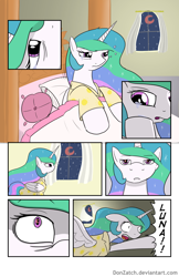 Size: 792x1224 | Tagged: safe, artist:donzatch, imported from derpibooru, princess celestia, comic:tale of twilight, bed, blood moon, clothes, comic, crying, female, moon, pajamas, pillow, solo