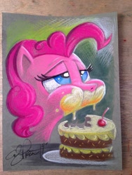 Size: 768x1024 | Tagged: safe, artist:andypriceart, imported from derpibooru, pinkie pie, aweeg*, cake, female, messy eating, photo, solo, traditional art