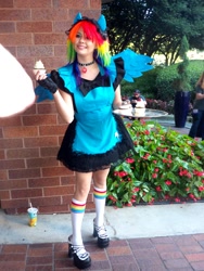 Size: 768x1024 | Tagged: safe, artist:destinycosplay, imported from derpibooru, rainbow dash, human, 2013, anime weekend atlanta, apron, clothes, convention, cosplay, cupcake, irl, irl human, maid, photo, rainbow dash always dresses in style, solo