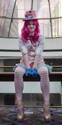 Size: 2288x4564 | Tagged: artist needed, safe, artist:eddiebphotos, imported from derpibooru, pinkie pie, human, bowtie, clothes, cosplay, irl, irl human, photo, skirt, solo, vest