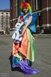Size: 618x927 | Tagged: artist needed, safe, artist:knightmare6, imported from derpibooru, rainbow dash, human, 2014, castle point anime convention, clothes, convention, cosplay, dress, gala dress, irl, irl human, photo, plushie, solo