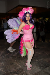 Size: 2400x3600 | Tagged: safe, artist:pinkhair-bluebox, imported from derpibooru, rarity, human, 2013, bra, burlesque, clothes, convention, cosplay, dragoncon, dragoncon 2013, garter belt, glimmer wings, high heels, irl, irl human, photo, solo, underwear