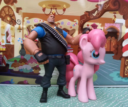 Size: 1000x841 | Tagged: safe, artist:texasuberalles, imported from derpibooru, pinkie pie, earth pony, human, pony, duo, funko, heavy, heavy weapons guy, irl, neca, photo, sugarcube corner, team fortress 2, toy