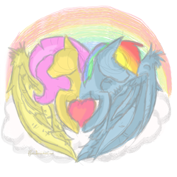 Size: 3000x3000 | Tagged: safe, artist:flutti, imported from derpibooru, fluttershy, rainbow dash, female, flutterdash, heart, lesbian, shipping