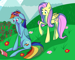 Size: 2500x2000 | Tagged: dead source, safe, artist:lillinettix, imported from derpibooru, fluttershy, rainbow dash, apple, book, floppy ears, floral head wreath, flower, heart, orchard, raised eyebrow, raised hoof, sitting, smiling