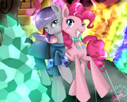 Size: 2000x1600 | Tagged: safe, artist:moeru789, imported from derpibooru, maud pie, pinkie pie, blushing, gem, hug, rock, smiling, stairs