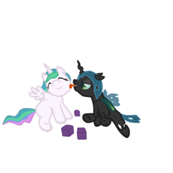 Size: 500x500 | Tagged: safe, artist:lemurkatta, imported from derpibooru, princess celestia, queen chrysalis, alicorn, changeling, changeling queen, nymph, pony, blocks, chryslestia, cute, cutealis, cutelestia, female, filly, foal, lesbian, licking, shipping, simple background, transparent background, younger