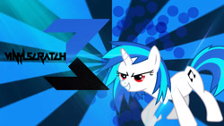 Size: 1280x720 | Tagged: safe, artist:achopony14, artist:silentmatten, imported from derpibooru, dj pon-3, vinyl scratch, pony, unicorn, cutie mark, female, hooves, horn, logo, mare, red eyes, smiling, solo, teeth, text, vector, wallpaper