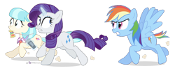 Size: 1100x460 | Tagged: safe, artist:dm29, imported from derpibooru, coco pommel, rainbow dash, rarity, magic, rainbow thread, razor, running, short tail, simple background, transparent background, trio