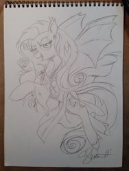 Size: 600x800 | Tagged: safe, artist:andypriceart, imported from derpibooru, fluttershy, cape, clothes, ear fluff, earring, female, flutterbat, locket, monochrome, pencil drawing, rose, shoes, solo, traditional art