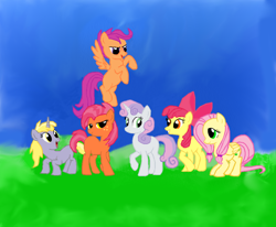 Size: 900x743 | Tagged: safe, artist:fonypan, imported from derpibooru, apple bloom, babs seed, dinky hooves, scootaloo, sweetie belle, oc, oc:spring berry, ms paint, next six
