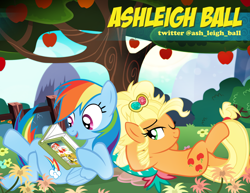 Size: 900x695 | Tagged: safe, artist:pixelkitties, imported from derpibooru, applejack, daring do, rainbow dash, earth pony, pony, alternate hairstyle, apple, applejewel, ashleigh ball, clothes, crossed legs, dress, duo, happy, lying down, on back, pixelkitties' brilliant autograph media artwork, reading, voice actor joke