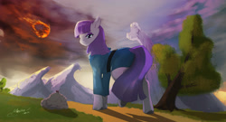 Size: 2376x1280 | Tagged: safe, artist:mechagen, imported from derpibooru, boulder (pet), maud pie, earth pony, boulder (g4), female, mare, meteor, solo