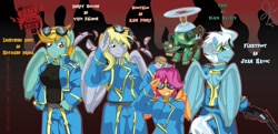 Size: 1280x618 | Tagged: safe, artist:arteses-canvas, imported from derpibooru, derpy hooves, fleetfoot, lightning dust, scootaloo, tank, anthro, breasts, busty lightning dust, female, fullmetal alchemist, gun, pistol, trigger discipline