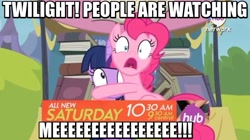 Size: 800x447 | Tagged: safe, imported from derpibooru, screencap, pinkie pie, twilight sparkle, alicorn, pony, trade ya, book, female, fourth wall, hub logo, image macro, mare, meme, official, paranoia, scared, twilight sparkle (alicorn)