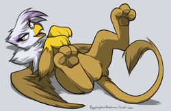 Size: 1141x741 | Tagged: dead source, safe, artist:cassiusdrawsthings, deleted from derpibooru, imported from derpibooru, gilda, griffon, commission, featureless crotch, on back, paws, solo