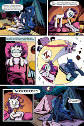 Size: 3000x4500 | Tagged: dead source, safe, artist:lovelyneckbeard, imported from derpibooru, princess luna, rarity, twilight sparkle, alicorn, pony, bed mane, cake, camping, camping trip, camping trip: comic, comic, d:, drool, female, frown, grumpy, grumpy twilight, hush now quiet now, i can't believe it's not idw, implied princess celestia, mare, missing accessory, on back, screaming, sleeping, smiling, snoring, twilight sparkle (alicorn), wavy mouth, wide eyes, yawn, z